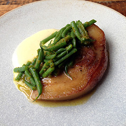 Fatty pork belly with green beans and potato puree