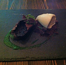 Chocolate and hazelnut ganache, basil moss with sheeps-milk ice cream