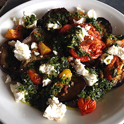 Heritage tomatoes, aubergine and caprino fresco